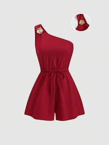 Sweetra Women's Spring/Summer Red Asymmetric Shoulder Metal Buckle Elastic Waist Jumpsuit, Comfortable & Versatile - Burgundy - View 1