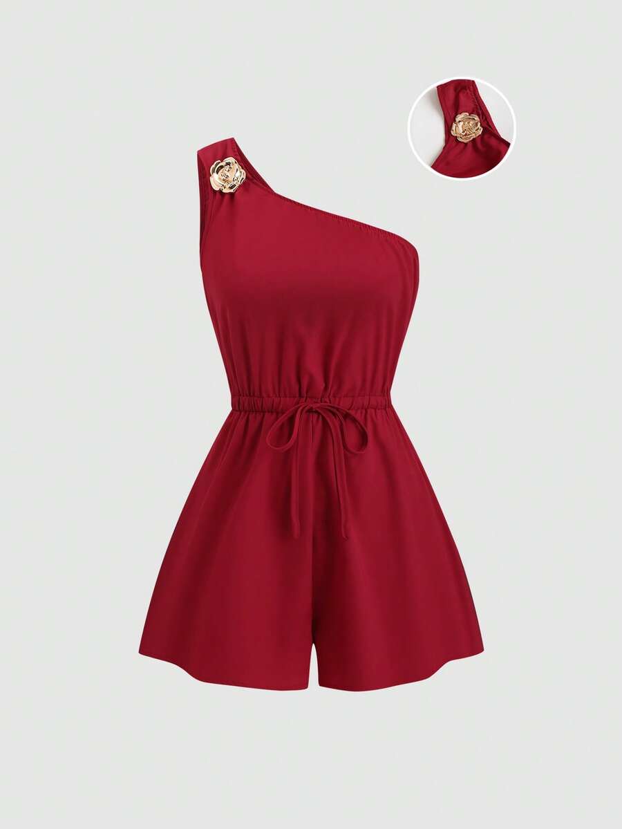 Sweetra Women's Spring/Summer Red Asymmetric Shoulder Metal Buckle Elastic Waist Jumpsuit, Comfortable & Versatile - Burgundy - View 1