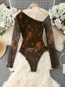 Franclia Women's Fashion Leopard Print Mesh Sheer Long Sleeve Bodysuit - Yellow - View 2