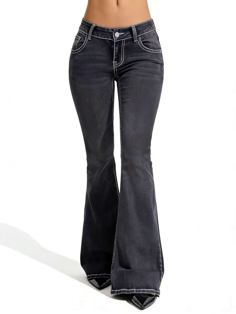 SHEIN Tall Women's Casual Versatile Flared Jeans With Pockets - Black - View 1