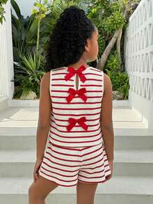 Tween Girl Red And White Summer Funny Tropical Vacation Holiday Knit Basic Sleeveless Top With Bow Decor & Shorts 2-Piece Set,Girls Two Piece Outfits - Red and White - View 4
