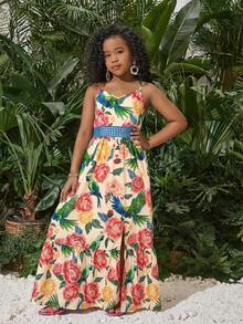 SHEIN Tween Girls' Summer Vacation Casual Tropical Print Camisole Dress, Suitable For Holiday & Beach - Apricot - View 3