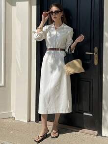 Spring Women's Casual White Pocket Lapel Belted Mid-Length Dress Sundress - White - View 5