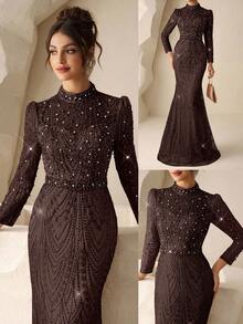Coutiva Elegant High Neck Long Sleeve Mermaid Formal Evening Dress,Sequin Embroidery Pearl Rhinestone Design Ball Gowns For Wedding Guests & Dinner Parties - Brown - View 4
