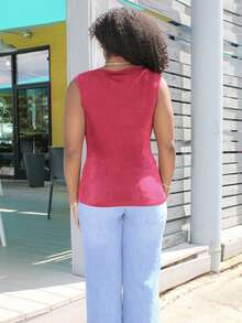 Steph T Fashionable Solid Color Ruffled Neck Shirred Slim Fit Tank Top - Burgundy - View 2
