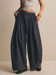 Poéselle Women's High-Waisted Pleated Wide-Leg Trousers With Adjustable Tie Belt,Grey Winter Oversized Office Tailored Palazzo Pants,Baggy Loose Fit Slacks - Grey - View 4