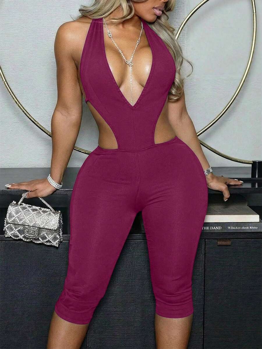 SHEIN SXY Mono ajustado con escote bajo y espalda descubierta - Burdeos - Ver 1