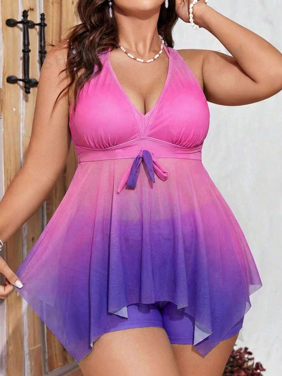 Swim Mod Plus Size Women 2pcs Set Tie-Dye Print V-Neck Tummy Slimming Tankini Swimwear - Multicolor - View 1