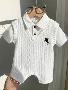 SHEIN 新生儿男女宝宝撞色蓝条纹短袖针织连体衣，舒适百搭，休闲运动风，时尚百搭，适合室内、室外、日常、运动、玩耍、派对、拍照、度假等场合。 - 白色 - 查看 4