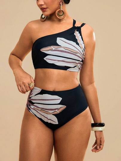 Travachic Plus Size Tropical Floral Print Cutout Detail Beach Vacation 2 Pieces Swimsuit