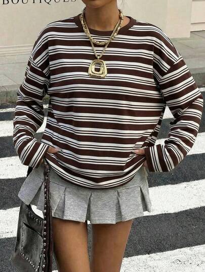 Muchica Women's Casual Striped Print Round Neck Loose Long Sleeve T-Shirt, Suitable For Summer,Versatile Streetwear, Suitable For Spring And Summer,Women Casual Outfits,Women Summer Outfits,Casual Outfits