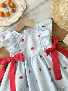 LMoss Kids Baby Girl Woven Contrast Color Round Neck Strawberry Pattern Striped Ruffle Trim Bow Decor Dress - Blue - View 4