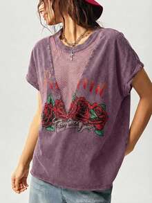 Bohemela Western Style Solid Color Pattern Knit Crew Neck Washed T-Shirt For Women, Summer - Purple - View 6