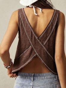 Bohemela Women Solid Color V-Neck Asymmetrical Hem Knit Vest - Coffee Brown - View 2