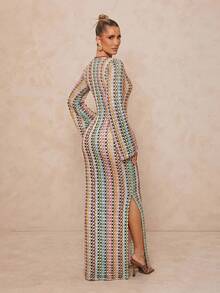 Lumalex 金属装饰深V领喇叭袖修身条纹印花连衣裙（女款） - 彩色 - 查看 3