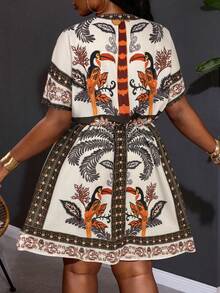 SHEIN CURVE+ Curve 尺码 US22 音乐节、海滨度假、波西米亚风女士沙滩热带植物印花系带蝙蝠袖休闲连衣裙，夏季 - 彩色 - 查看 2