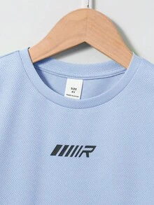 SHEIN 2件套男童休闲简约字母印花圆领卫衣和短裤运动套装 - 淺藍色 - 查看 3