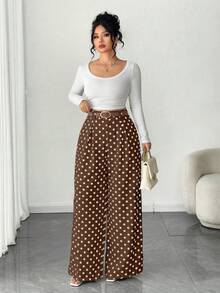 Elenzga Pantalones de pierna ancha de unicolor beige talla grande, estilo elegante, de moda para ir al trabajo y la oficina - Marrón - Ver 5