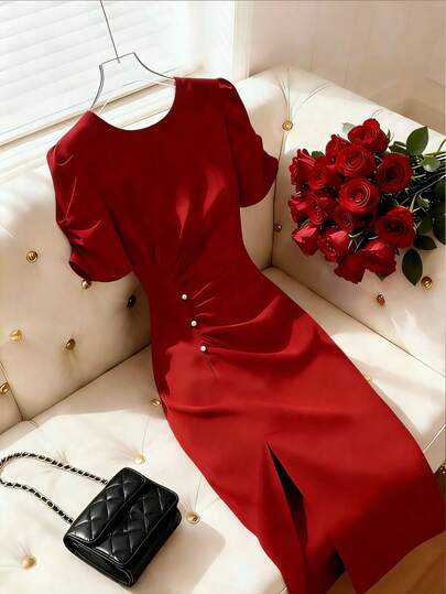 Franclia Plus Size Women Elegant Solid Color Ruffle Pearl Button Decor Short Sleeve Spring/Summer Dress