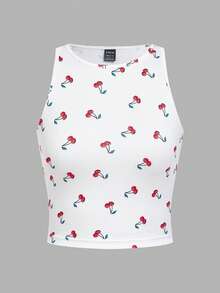 SHEIN EZwear 女士四件套休闲套装，黑白条纹图案，樱桃印花，黑色和粉色百搭性感吊带背心，夏季必备 - 彩色 - 查看 8