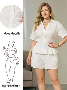 Hourglow Camisa casual de talla grande para mujer, unicolor, hombros caídos, abotonadura sencilla, cintura fruncida, para Body de reloj de arena - Blanco - Ver 1