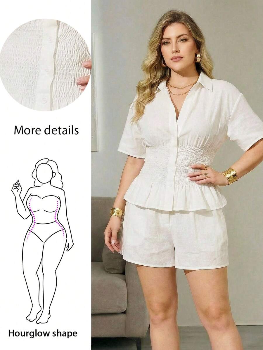 Hourglow Camisa casual de talla grande para mujer, unicolor, hombros caídos, abotonadura sencilla, cintura fruncida, para Body de reloj de arena - Blanco - Ver 1