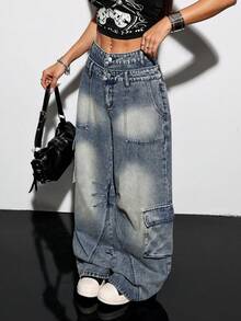 SHEIN PETITE 女款高腰雙腰帶工裝寬腿牛仔褲，復古做舊寬鬆牛仔長褲，休閒夏季街頭風，雙腰帶口袋設計，適合嬌小女性 - 中等水洗藍 - 查看 4