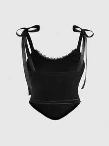 ROMWE Áo lót cỡ lớn màu đen sang trọng kiểu Gothic với họa tiết hoa văn cung điện ban đêm thêu tinh tế, có dây đeo hình bướm và áo hai dây màu đen thanh lịch dành cho phụ nữ. - màu đen - Xem 3