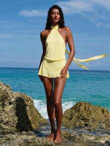 Opulessa Knitted Halter Backless Mini Dress For Women,Summer Dresses For Women - Light Yellow - View 6