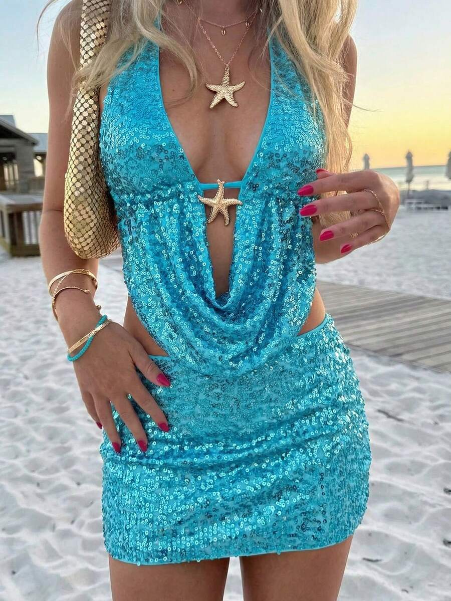 Opulessa Women's Summer Beach Mermaid Vacation Festival Wedding Elegant Sequin Halter Backless Top And Mini Skirt 2 Pieces Set - Blue - View 1