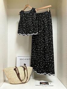 SHEIN Frenchy Bộ đồ nữ đi nghỉ mát, họa tiết chấm bi, gồm áo hai dây và quần dài. - Đen và trắng - Xem 1