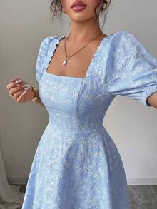 Elenzga Đầm nữ màu trơn họa tiết hoa cúc, chất liệu jacquard, thắt eo, kiểu dáng thanh lịch, tay phồng, thích hợp mặc hàng ngày và đi nghỉ mát. - Màu xanh nhạt - Xem 4