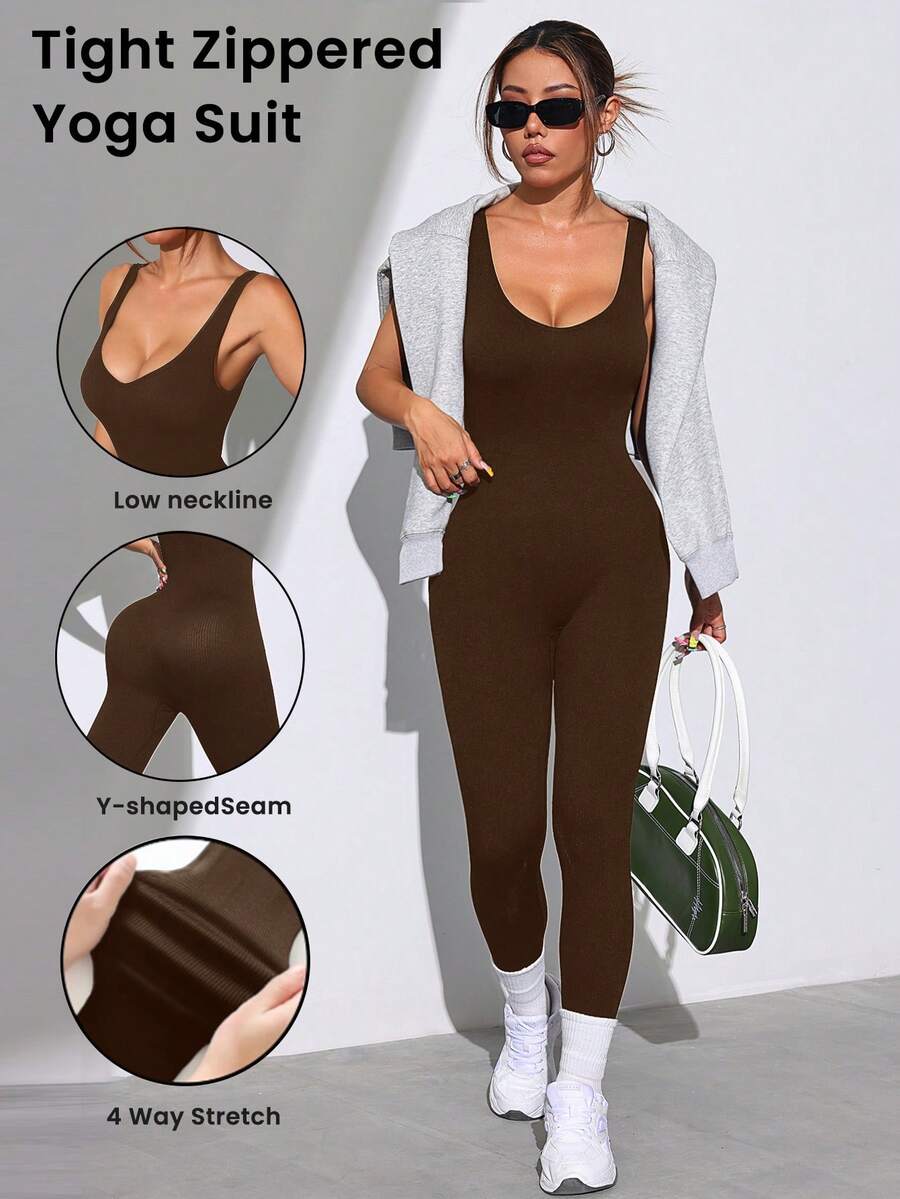 SHEIN Dewbera Women's Casual Solid Color Elastic Sports Jumpsuit, Summer - Coffee Brown - View 1