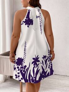 SHEIN Clasi Plus Size Women Plant Print Halter Neck Dress, Suitable For Summer - Purple - View 2