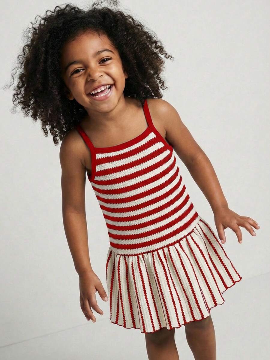 Maija Kids Maija Kids 一件装，女童休闲优雅条纹宽松吊带连衣裙，适合日常穿着、返校、外出、聚会、节日、春夏穿着。 - 紅色 - 查看 1