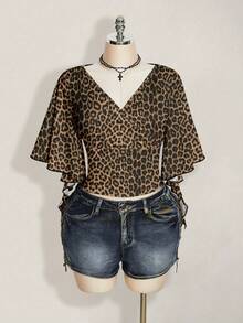 SHEIN ICON Vintage Leopard Print Ruffle Sleeve T-Shirt, Plus Size - Multicolor - View 7