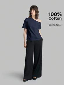 Ontre 2026SS Women's Solid Color Asymmetric Neck Short Sleeve Casual T-Shirt, Versatile Minimalist Style For Vacation - Navy Blue - View 5
