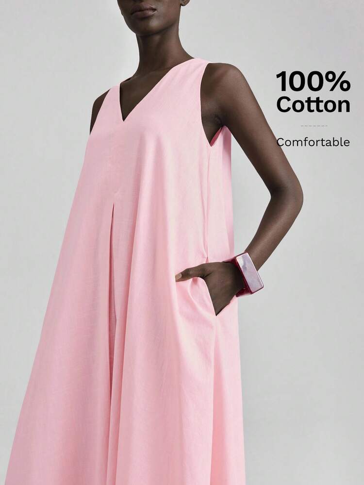 2026 Women's Teacher Outfit, Independence Day, Women's Airport Fashion, Comfortable Casual Style, V-Neck, Sleeveless, Women's Long Dress, Light Pink, Front And Back Asymmetric Dress, Flared Skirt, Pale Pink, Flared Skirt, Spring/Summer Clothing, Everyday Wear, Comfortable Casual Dress, Casual Wear, Loose Fit Beach Clothing, All Season  Ins Celebrity Same Style Vacation Style, Exotic Atmosphere, Country Concert, Western Style Clothing, High-Grade Fabric, Comfortable And Breathable Bohem