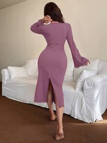 SHEIN Áo ngủ nữ dài tay, viền ren, thắt eo, ôm sát. - Màu Lilac Tím - Xem 2
