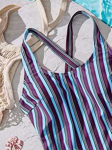 Swim SPRTY 女士无袖露背交叉绑带竖条纹印花休闲运动连体泳衣，夏季 - 彩色 - 查看 6