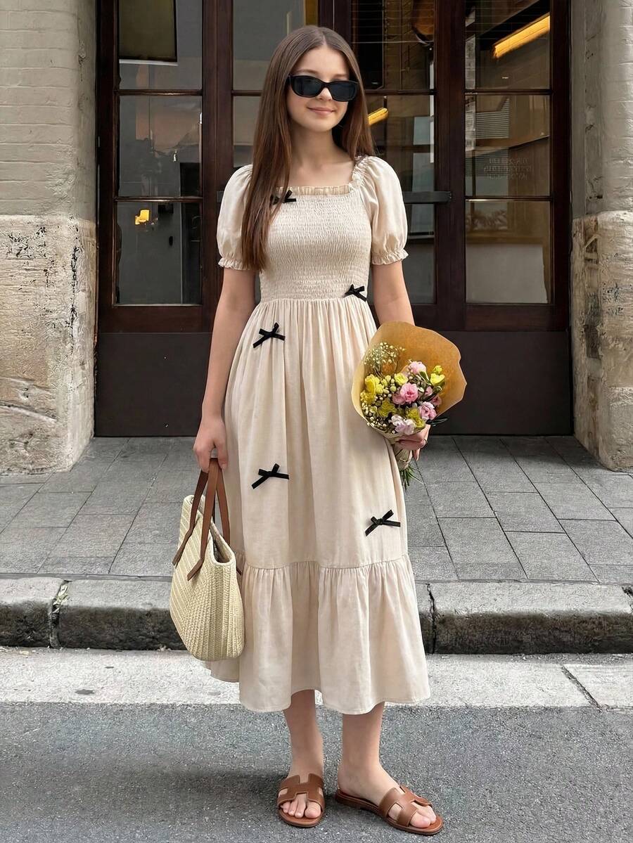 SHEIN Đầm hè kiểu dáng thường ngày tay cánh hoa màu trơn cho bé gái, thắt nơ. - Màu be - Xem 1