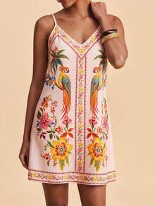 Travachic Spring/Summer Vacation Woven Printed Spaghetti Strap Mini Dress For Women - Multicolor - View 5