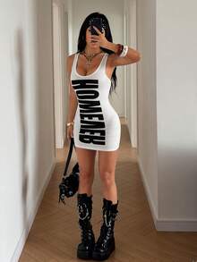 StreetHx Women's Retro Oversized Letter Print Fitted Camisole Dress - White - View 5