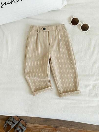 SHEIN Kids/Young Boys' Casual Everyday Comfortable Loose Straight Striped Solid Color Pants, Suitable For School, Garden, Beach, Birthday, Spring/Summer