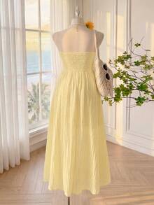Comfortcana Đầm ống màu trắng thoáng mát, kiểu dáng thường ngày, cỡ lớn, thích hợp cho kỳ nghỉ, chất liệu vải có họa tiết. - Vàng nhạt - Xem 2