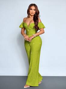 SOLERSUN Bộ jumpsuit thời trang thanh lịch dành cho nữ, cổ chữ V, trễ vai, tay bồng, chất liệu lấp lánh, thích hợp cho tiệc tùng, hộp đêm, câu lạc bộ đêm, ống rộng, dáng ôm sát, hẹn hò. - màu xanh lá - Xem 5