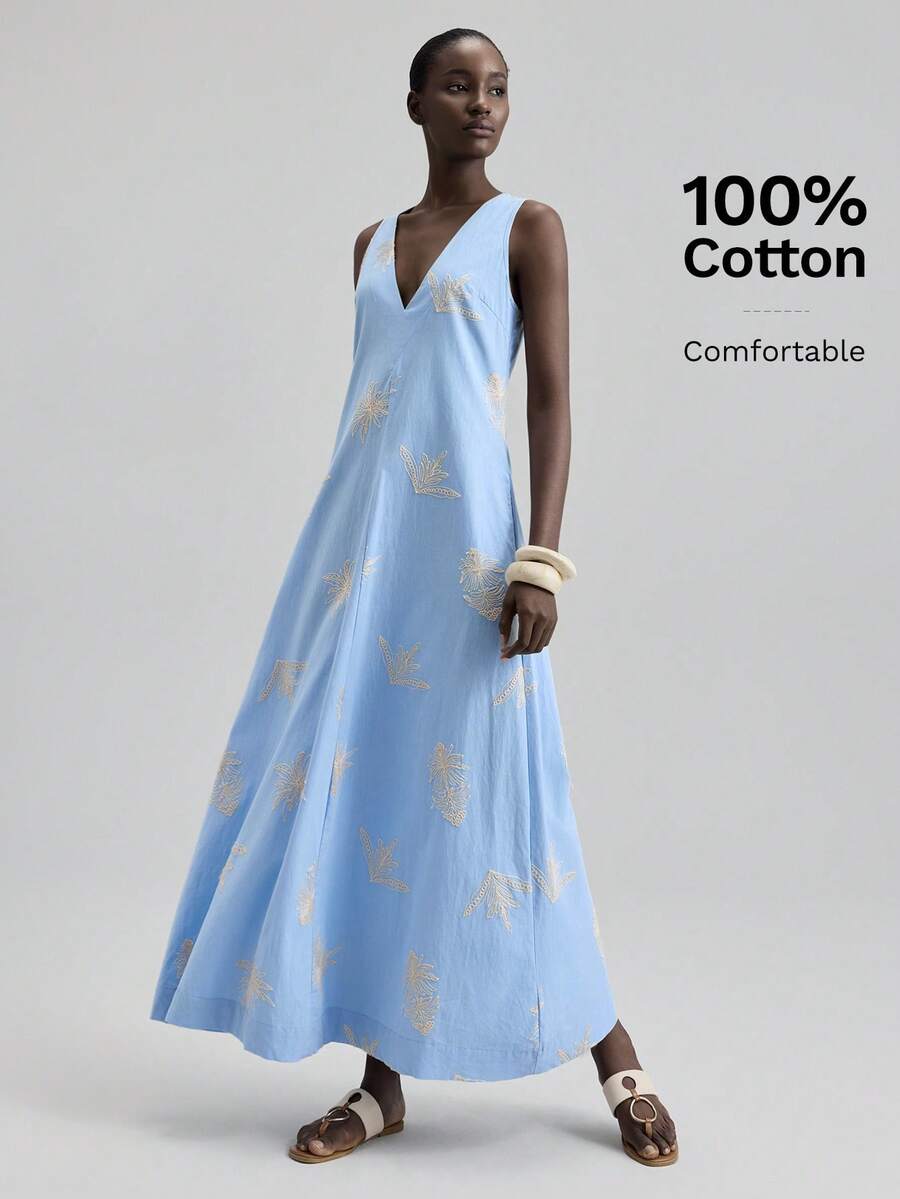 Ontre Đầm dài nữ Xuân/Hè 2026SS, không tay, cổ chữ V, họa tiết hoa jacquard, thiết kế đầm dài thời trang, đầm đi biển nữ, dáng chữ A rộng rãi, thắt eo, phong cách nghỉ dưỡng, áo tắm liền thân, màu xanh lá cây, thêu hoa, họa tiết trừu tượng, dự tiệc, nghỉ dưỡng, đầm đi biển, đầm hai dây, thiết kế bohemian cao cấp, trang phục Xuân/Hè, đồ đi biển, đồ nghỉ dưỡng, đầm dài nữ thời trang và đa năng. - Rửa nhẹ - Xem 1