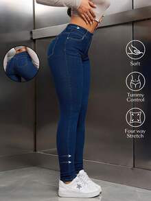 SHEIN Unity 女士休闲日常通勤简约纯色高腰紧身牛仔裤 - 深色水洗藍 - 查看 1