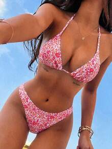 Swim Mod Bộ bikini hai mảnh họa tiết hoa nhí, kiểu dáng giản dị, in ngẫu nhiên, trang phục đi biển mùa hè chủ đề Lễ hội mùa thu hoạch cho nữ, bộ bikini mùa hè cho nữ, giá một giá, đồ bơi cho nữ, đồ bơi nâng ngực cho nữ, bộ bikini và đồ bơi. - Màu Hồng Tươi - Xem 4
