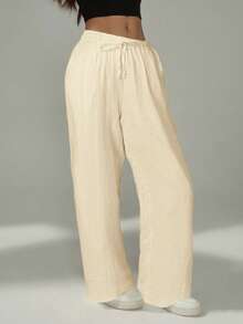 SHEIN PETITE Pantalones casuales de mujer de unicolor y corte holgado - Crema - Ver 7